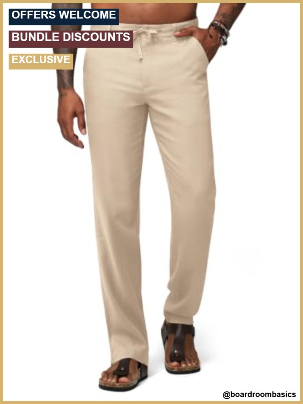 Men's Linen Pants Drawstring Pockets Straight Leg Lightweight Casual